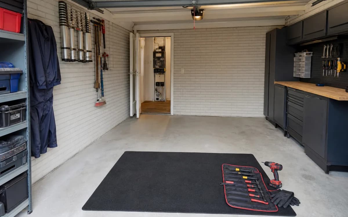 Garage opgeruimd en klaar voor thuisaccu-installatie
