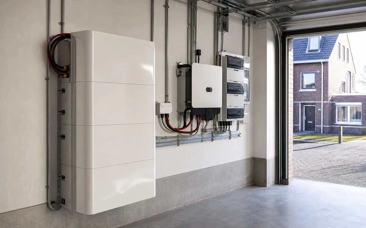 Overzicht van een complete thuisaccu-installatie in een Nederlandse garage