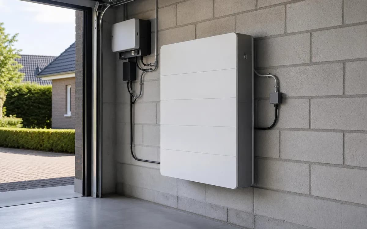 Thuisaccu gemonteerd aan garage-muur met ventilatieruimte