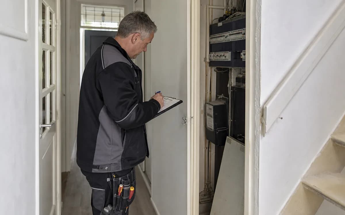 Installateur voert schouw uit bij meterkast en omvormer